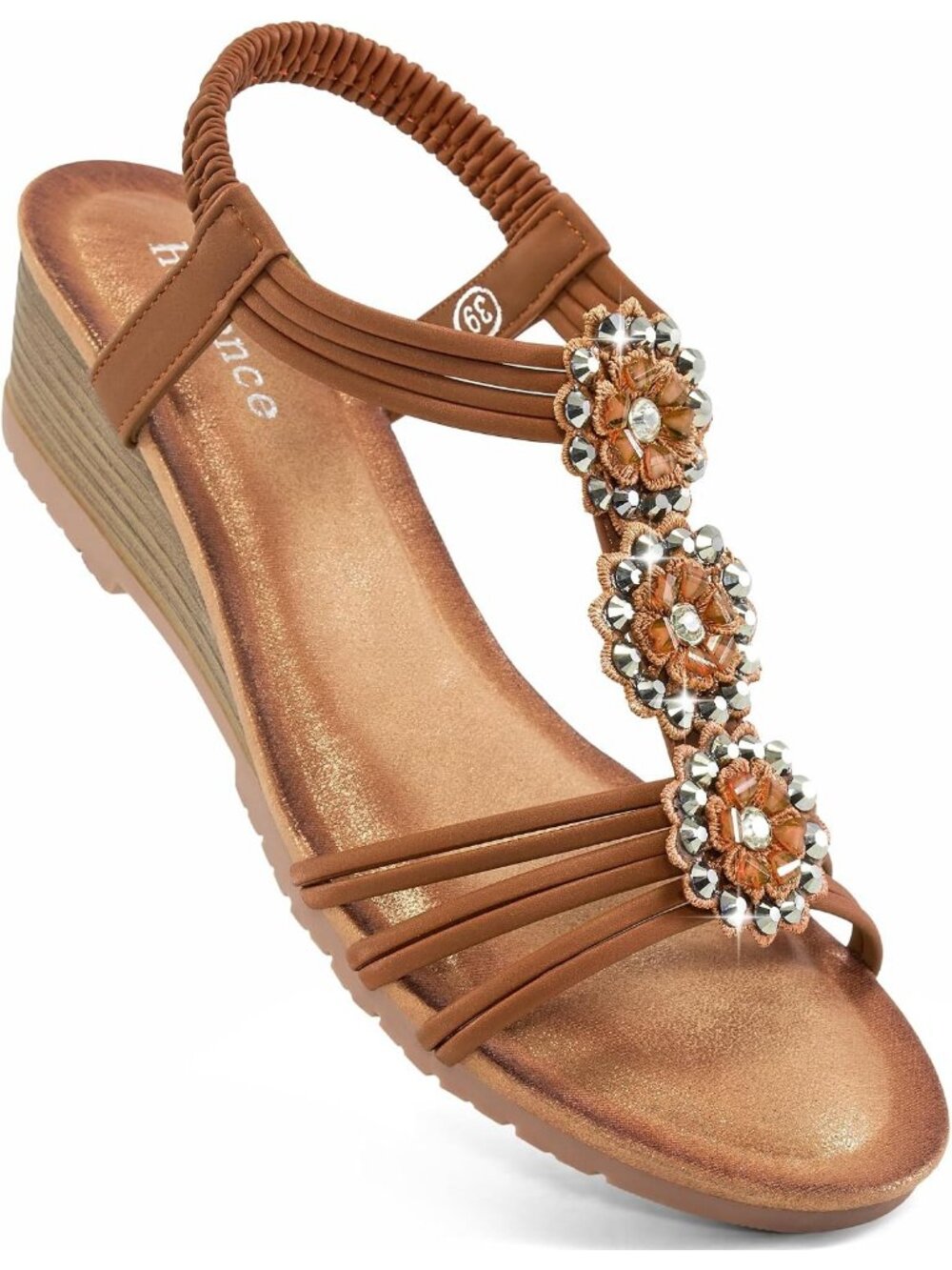 Women's Brown Floral Rhinestone Elastic Slingback Low Wedge Heel Sandals Shoes